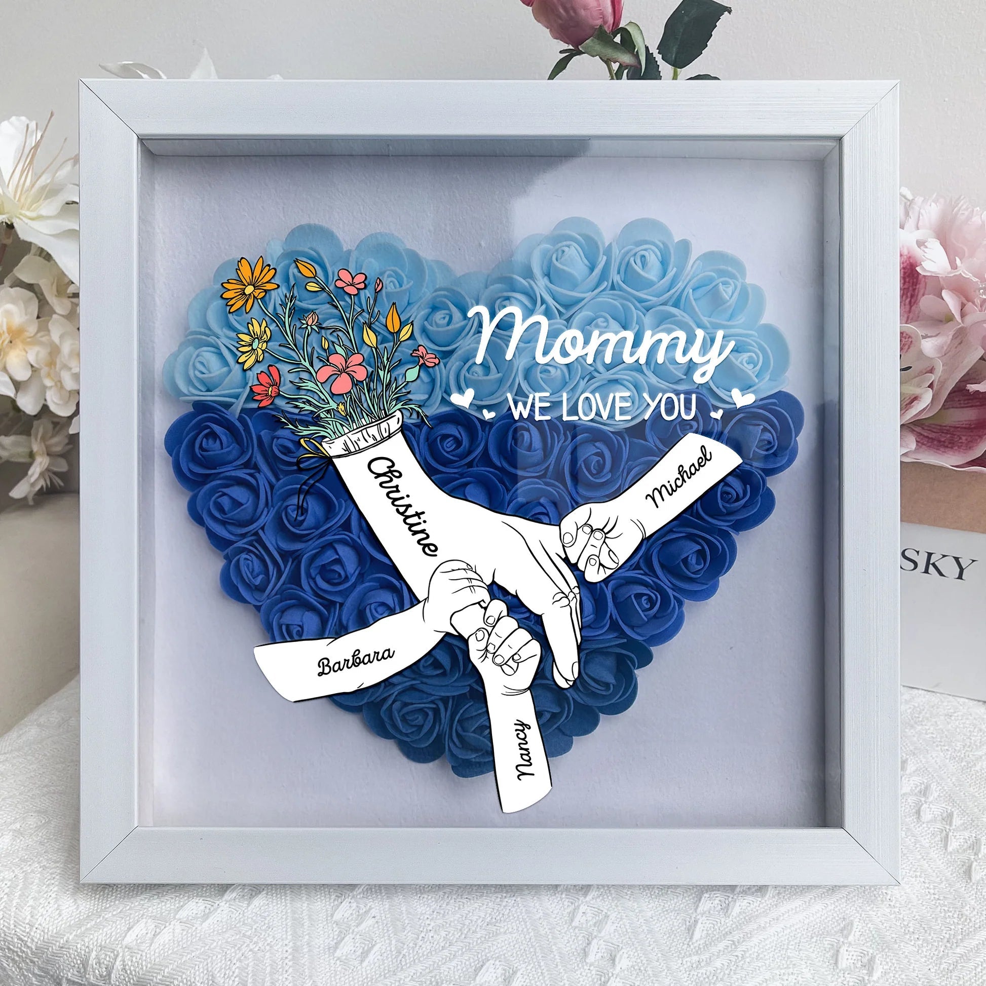 Personalized Hand Holding Mum Flower Shadow Box