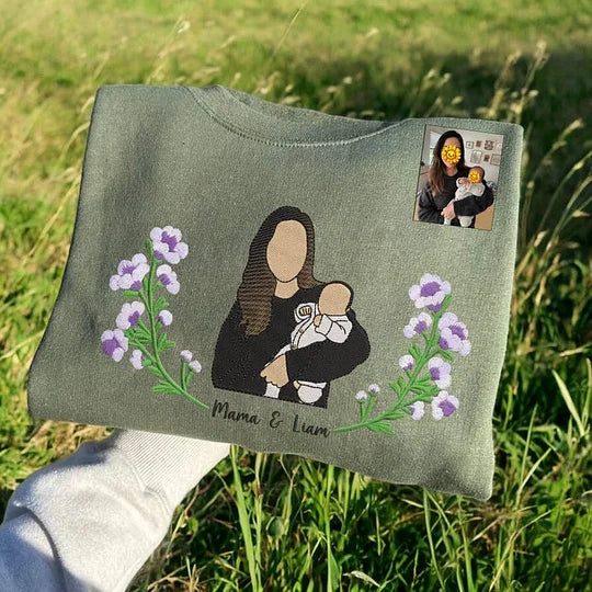 Personalized Mama Portrait Embroidered Sweatshirt With Birth Flowers