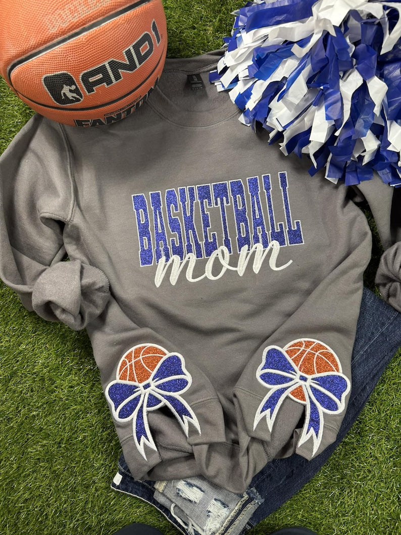 Personalized Basketball Mom Glitter Embroidered Sweatshirt With Glitter Side Bows