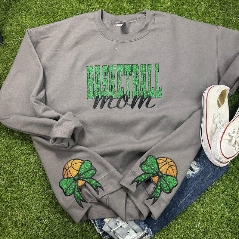 Personalized Basketball Mom Glitter Embroidered Sweatshirt With Glitter Side Bows