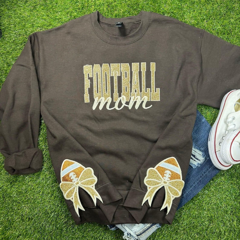 Personalized Football Mom Glitter Embroidered Sweatshirt With Glitter Side Bows