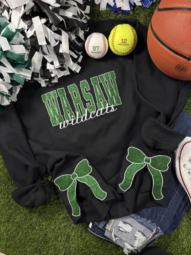 Personalized Warsaw Wildcats Glitter Embroidered Sweatshirt With Glitter Side Bows