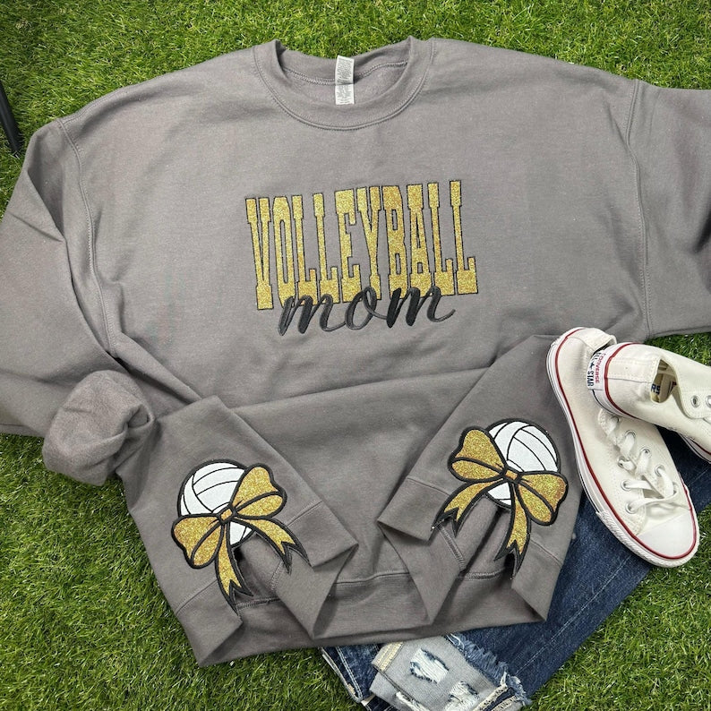 Personalized Volleyball Mom Glitter Embroidered Sweatshirt With Glitter Side Bows