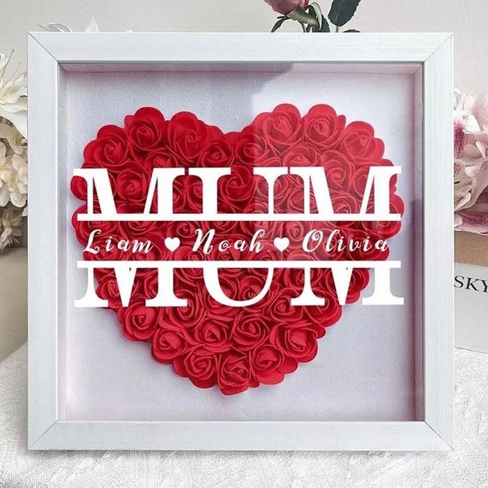 Personalized Flower Heart Shadow Box , Custom Name Rose Frame , Flower Shadowbox For Mom