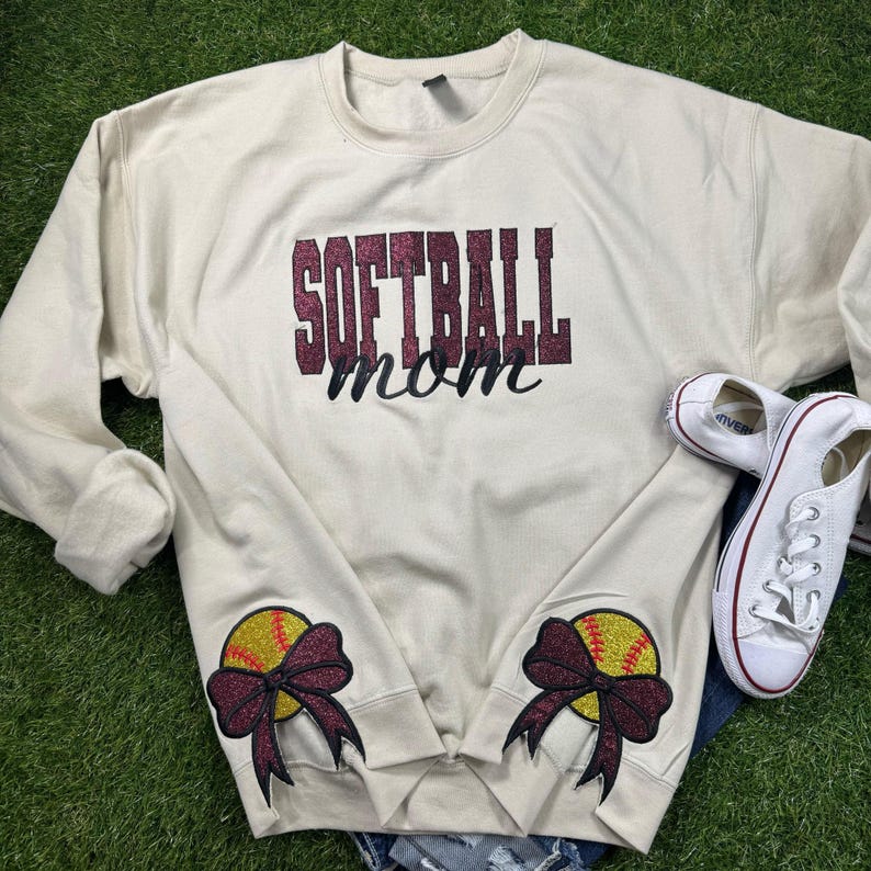 Personalized Softball Mom Glitter Embroidered Sweatshirt With Glitter Side Bows