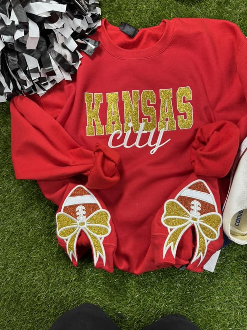 Personalized Kansas City Glitter Embroidered Sweatshirt With Glitter Side Bows