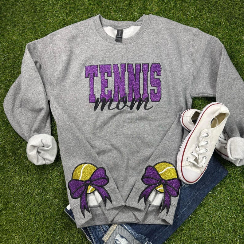 Personalized Tennis Mom Glitter Embroidered Sweatshirt With Glitter Side Bows