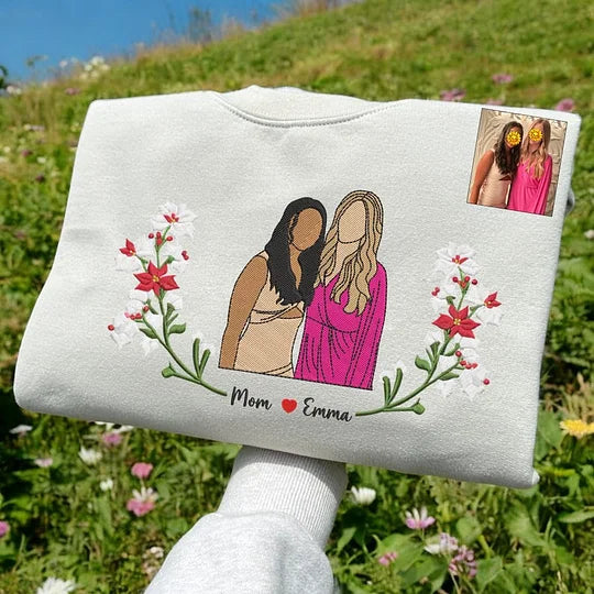 Personalized Mama Portrait Embroidered Sweatshirt With Birth Flowers