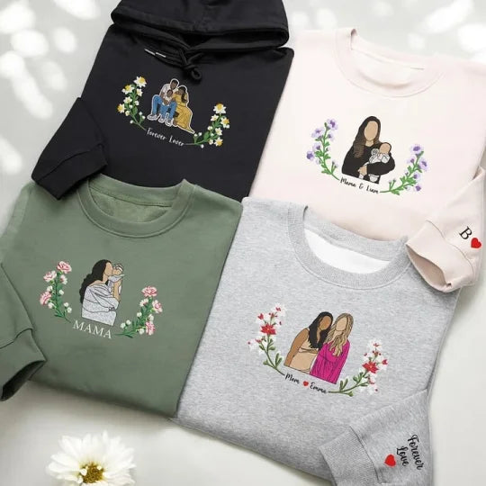 Personalized Mama Portrait Embroidered Sweatshirt With Birth Flowers