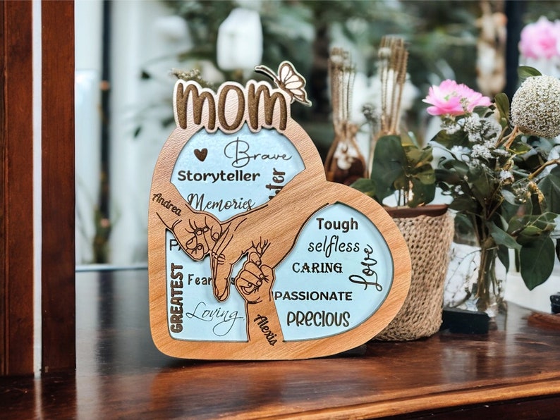 Custom Mom Hand Holding Wood Plaque WIth Kids Names