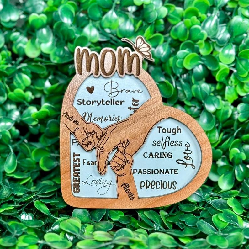 Custom Mom Hand Holding Wood Plaque WIth Kids Names