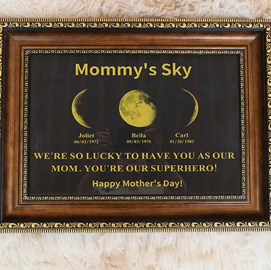 Custom Mirrored Moon Photo Frame with Text and Date - Custom Art Frames for Mom - Mommy's Sky