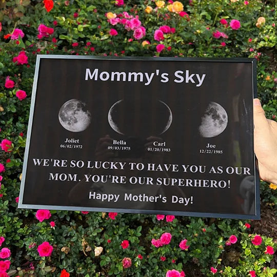 Custom Mirrored Moon Photo Frame with Text and Date - Custom Art Frames for Mom - Mommy's Sky