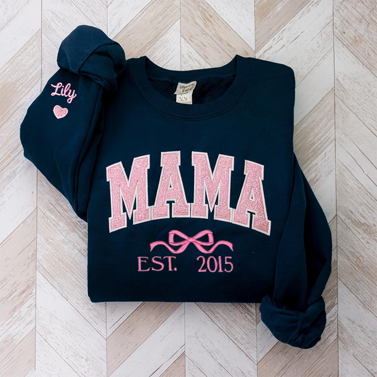 Personalized Mom Glitter Embroidered Sweatshirt With Bow Est Year