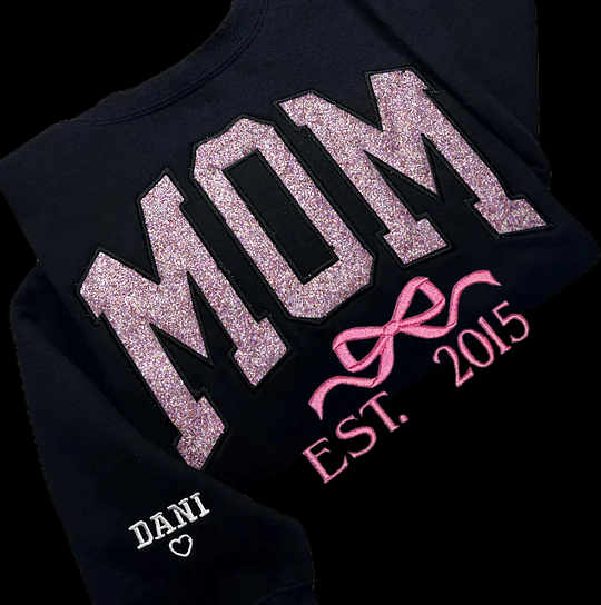 Personalized Mom Glitter Embroidered Sweatshirt With Bow Est Year