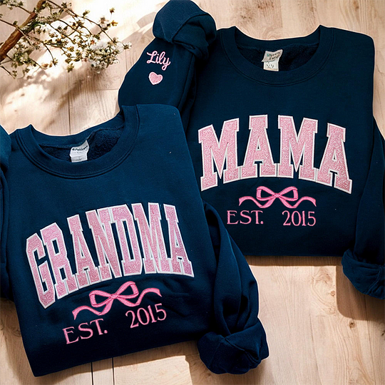 Personalized Mom Glitter Embroidered Sweatshirt With Bow Est Year