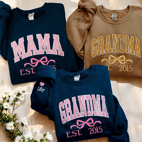 Personalized Mom Glitter Embroidered Sweatshirt With Bow Est Year