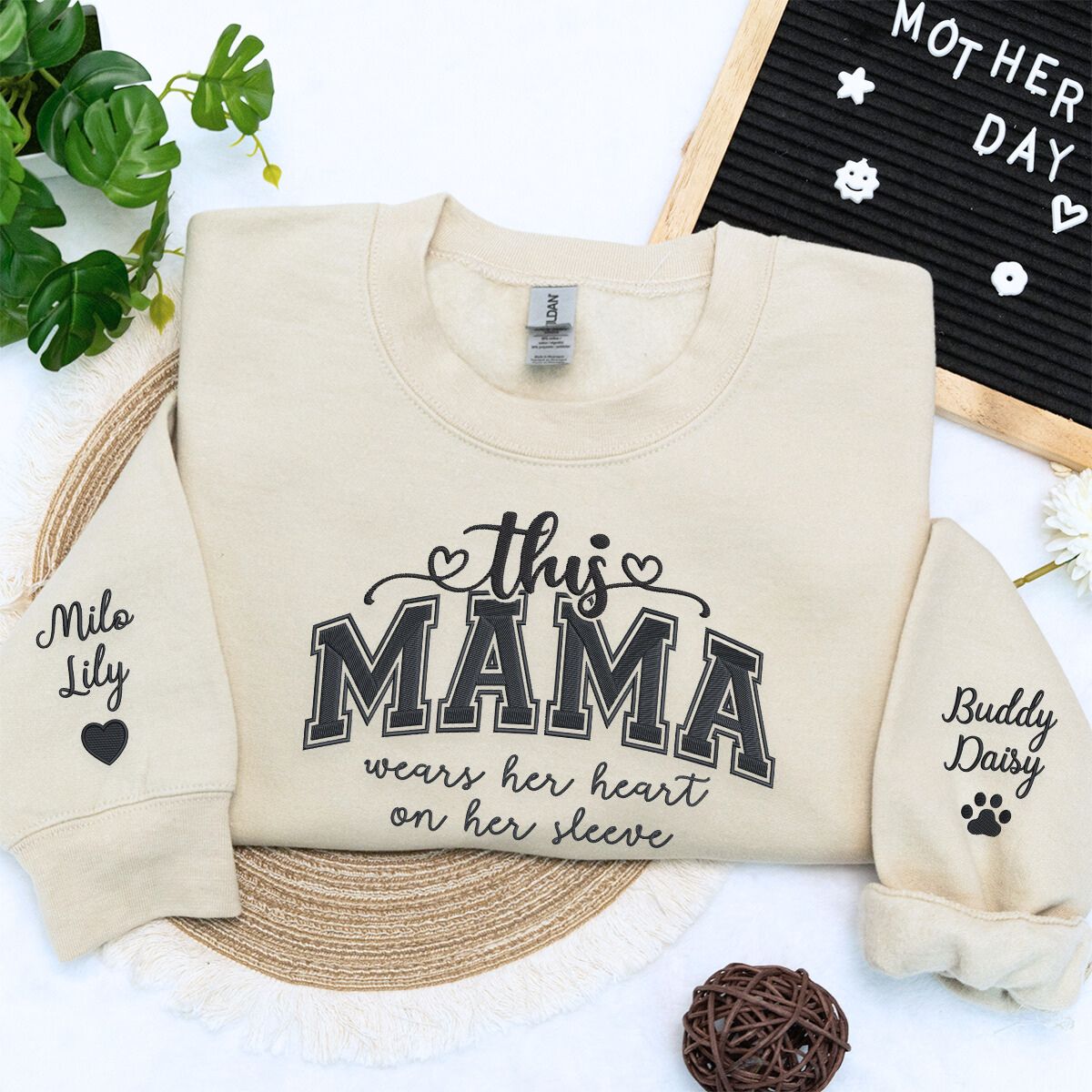 This Mama Wears Her Heart On Her Sleeve Embroidered Sweatshirt