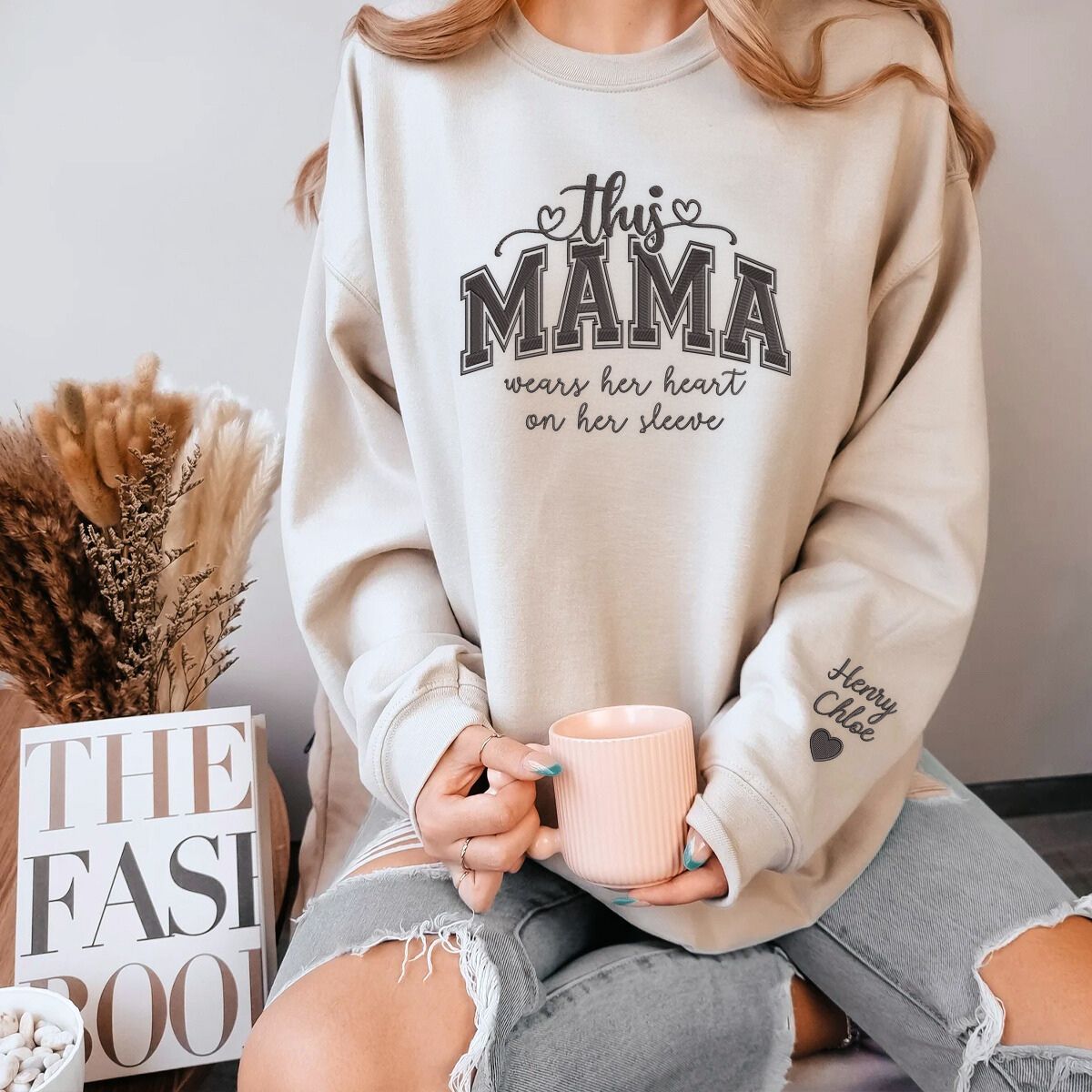 This Mama Wears Her Heart On Her Sleeve Embroidered Sweatshirt