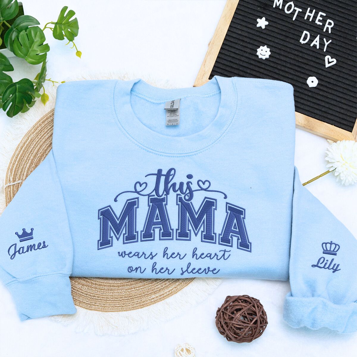 This Mama Wears Her Heart On Her Sleeve Embroidered Sweatshirt