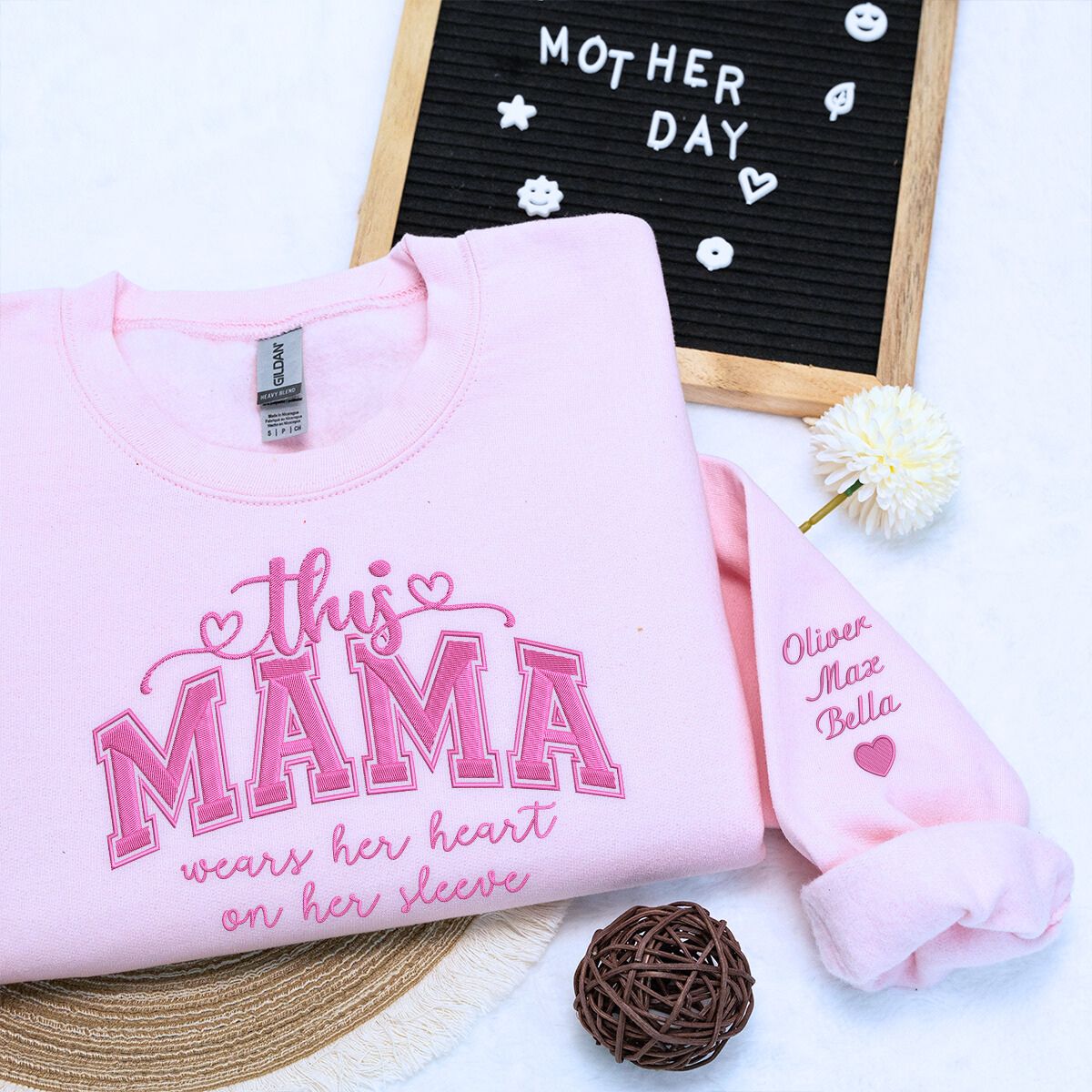 This Mama Wears Her Heart On Her Sleeve Embroidered Sweatshirt