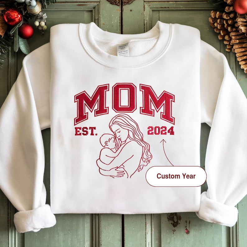 Personalized Photo Portrait Mom Outline Embroidery Sweatshirt