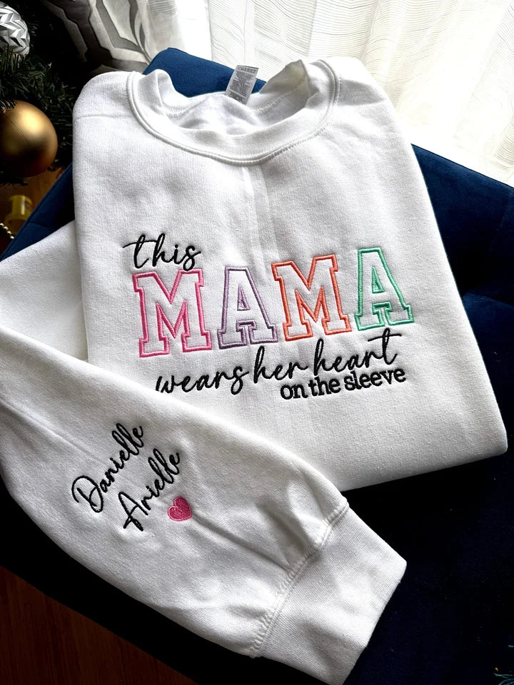 Custom Mom Wears Her Heart on Her Sleeves Embroidered Sweatshirt