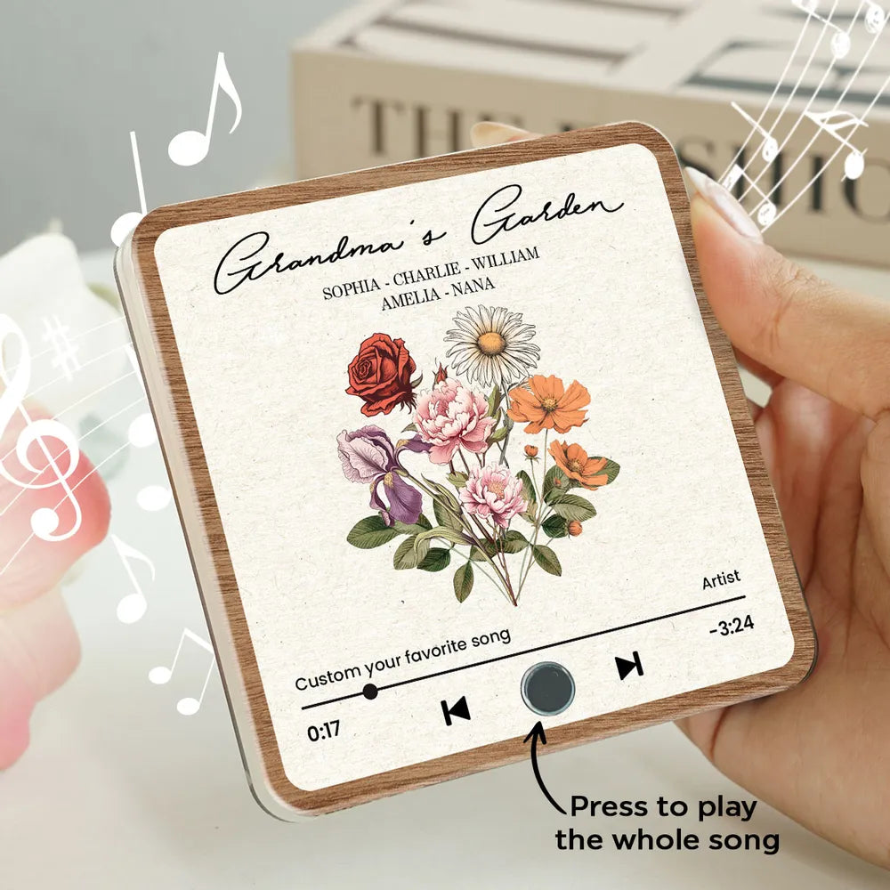 Grandma's Garden Retro Birth Flower Bouquet Personalized Music Fridge Magnet