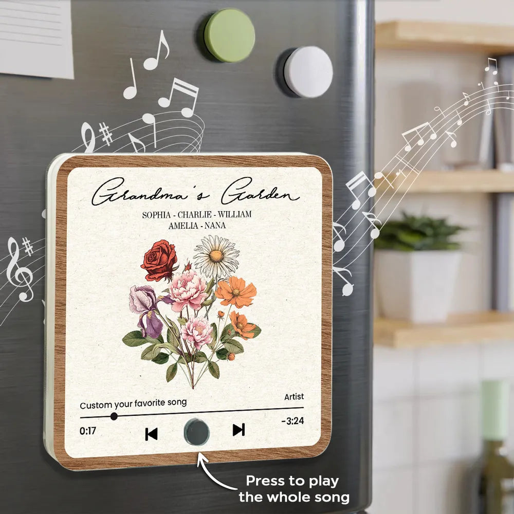 Grandma's Garden Retro Birth Flower Bouquet Personalized Music Fridge Magnet