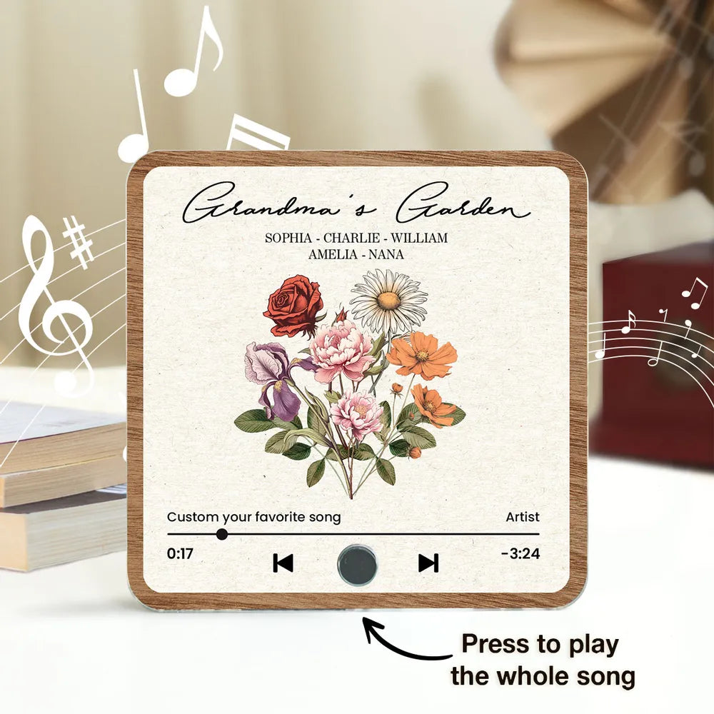 Grandma's Garden Retro Birth Flower Bouquet Personalized Music Fridge Magnet