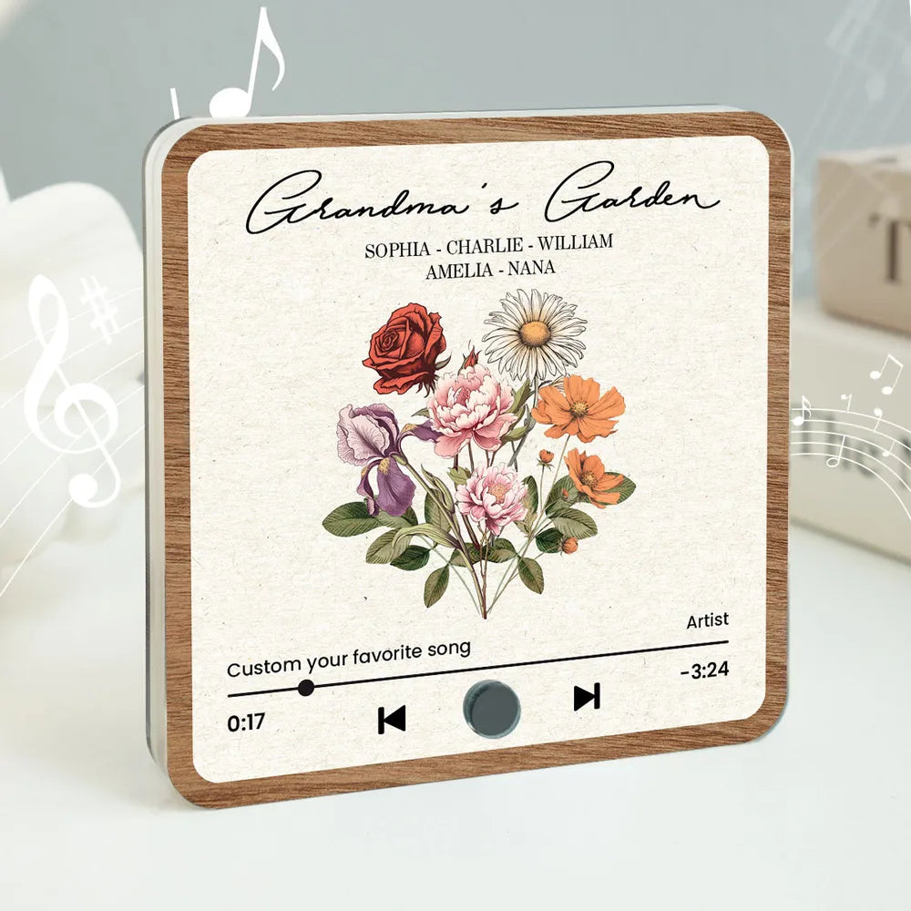 Grandma's Garden Retro Birth Flower Bouquet Personalized Music Fridge Magnet