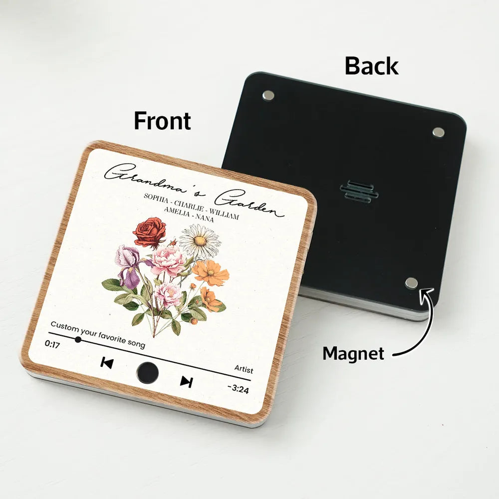 Grandma's Garden Retro Birth Flower Bouquet Personalized Music Fridge Magnet