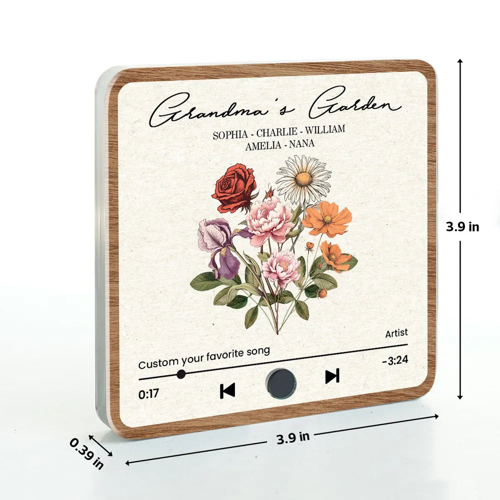 Grandma's Garden Retro Birth Flower Bouquet Personalized Music Fridge Magnet