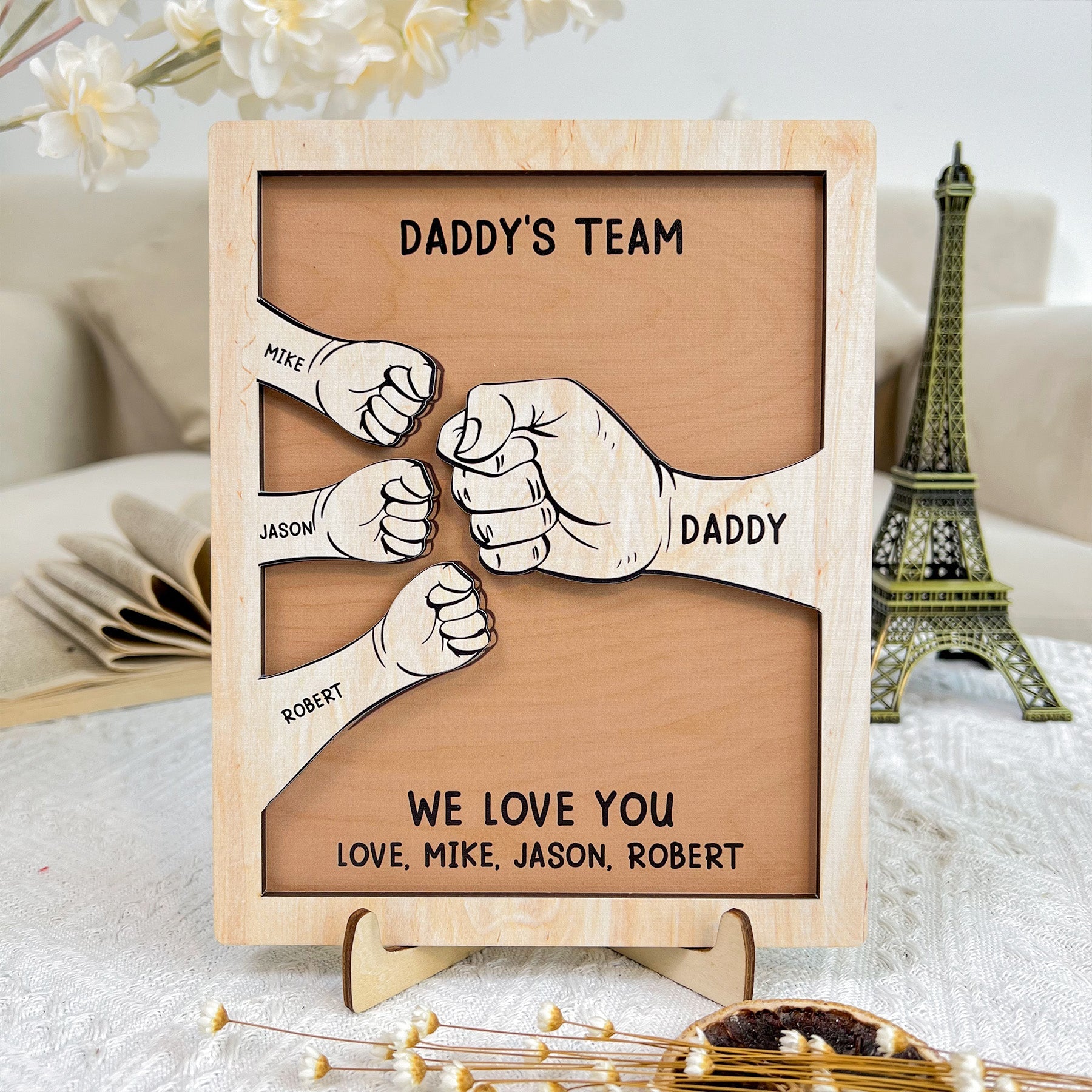 Dad We Love You Hand Bumps Custom Kids Names - Personalized Wooden Plaque