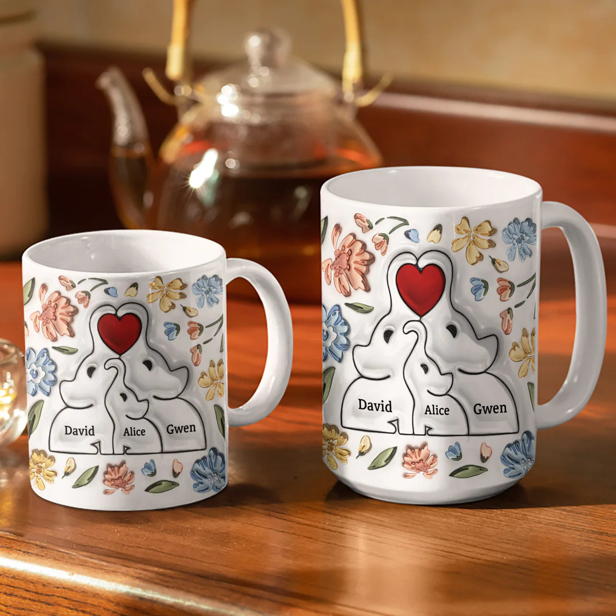 Elephant Love Family - 3D Inflated Effect Printed Mug, Personalized White Mug- Gift For Mother