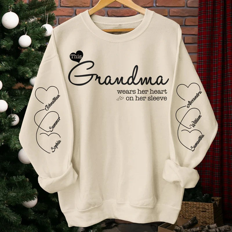 Grandma Wears Her Heart On Her Sleeve - Family Personalized Unisex Sweatshirt - Gift For Mom, Grandma