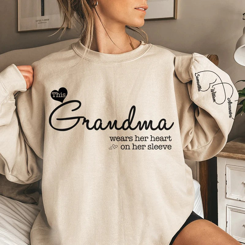 Grandma Wears Her Heart On Her Sleeve - Family Personalized Unisex Sweatshirt - Gift For Mom, Grandma