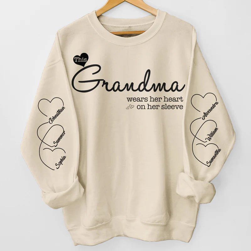 Grandma Wears Her Heart On Her Sleeve - Family Personalized Unisex Sweatshirt - Gift For Mom, Grandma