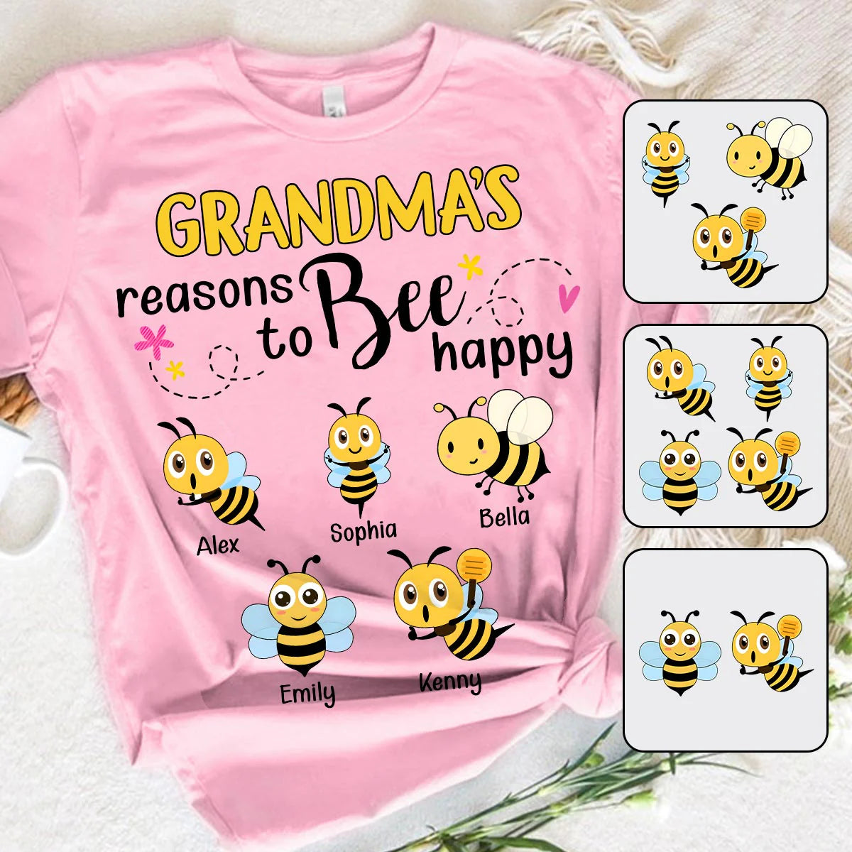 Grandma's Reasons To Bee Happy Personalized Bee T-shirt Hoodie