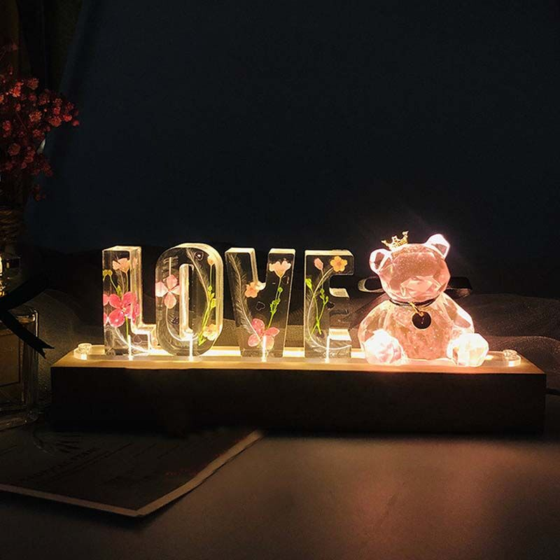 Custom Dried Flower Resin Name Letter Light Strip Pink Bear (Customized free)