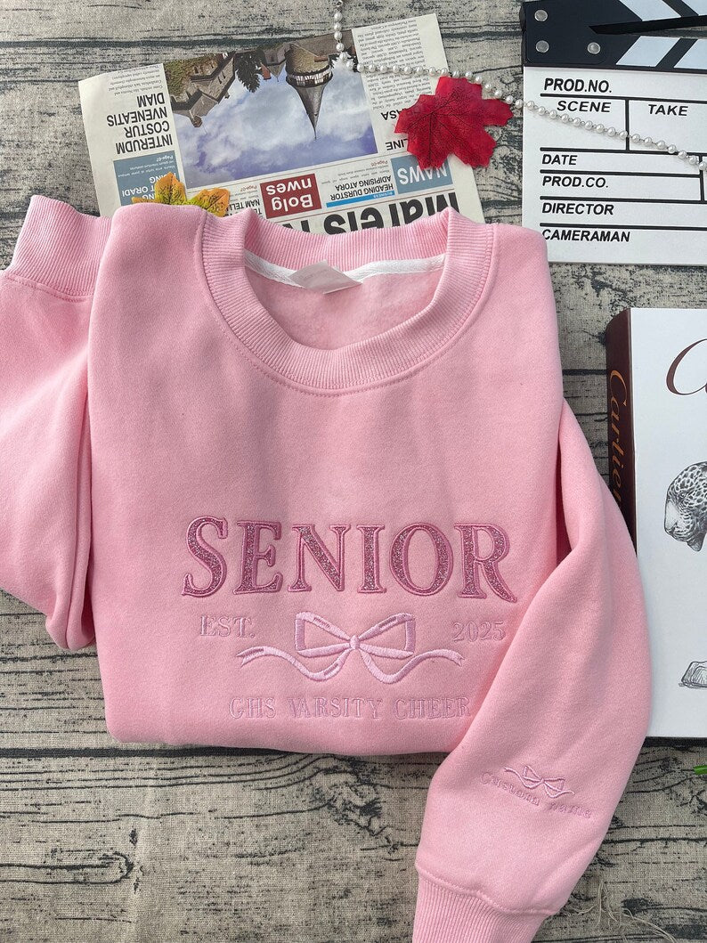 Custom Senior Coquette Bow Embroidered Glitter Sweatshirt