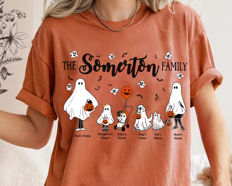 Personalized Halloween Ghost Family Shirt, Custom Family Portrait with Pets Tee