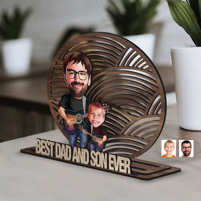 Personalized 3D Wooden Cartoon Father's Day Figurine Trinket, Custom Caricature Portrait, Style 2