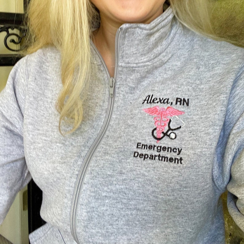 Personalized Embroidery Full Zip Nurse Sweatshirt With Pockets（glitter）