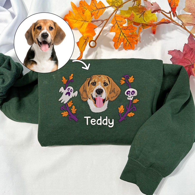 Custom Halloween Embroidered Dog Portrait Photo Sweatshirt