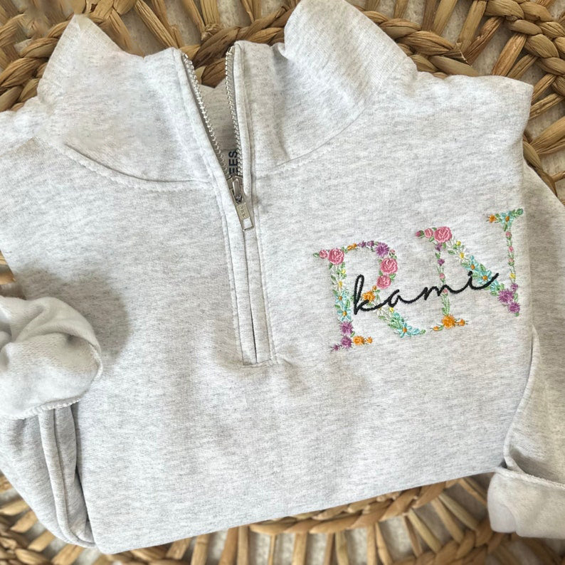 Personalized Embroidered Nurse Floral Sweatshirt Rn Quarter Zip