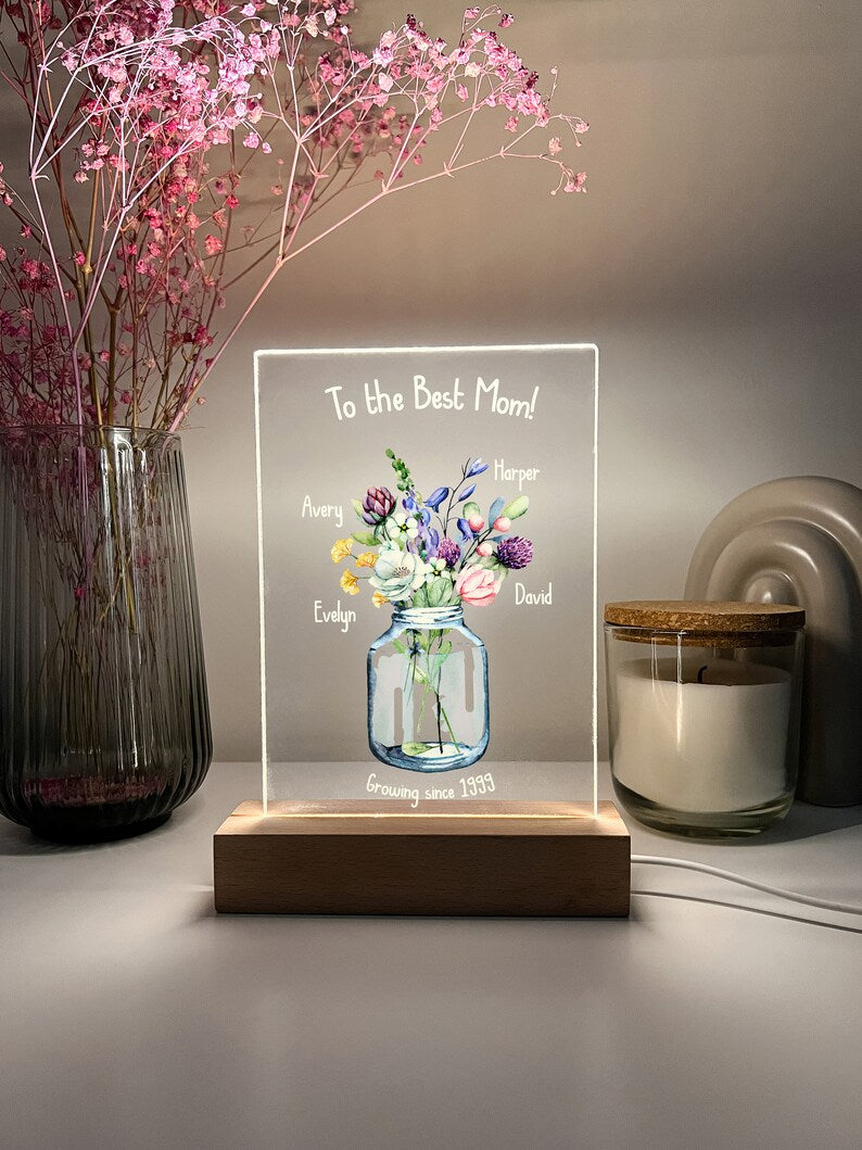 Custom Personalized Flowers Wood Stand Night Light Up Lamp Wooden LED Mom Gift