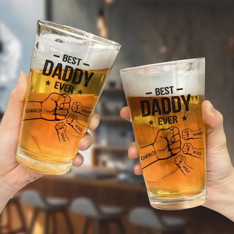 Best Daddy Ever - Fist Bump, Fathers Day Gift, Fist Bumps and Beer, Personalized Custom Beer Glass