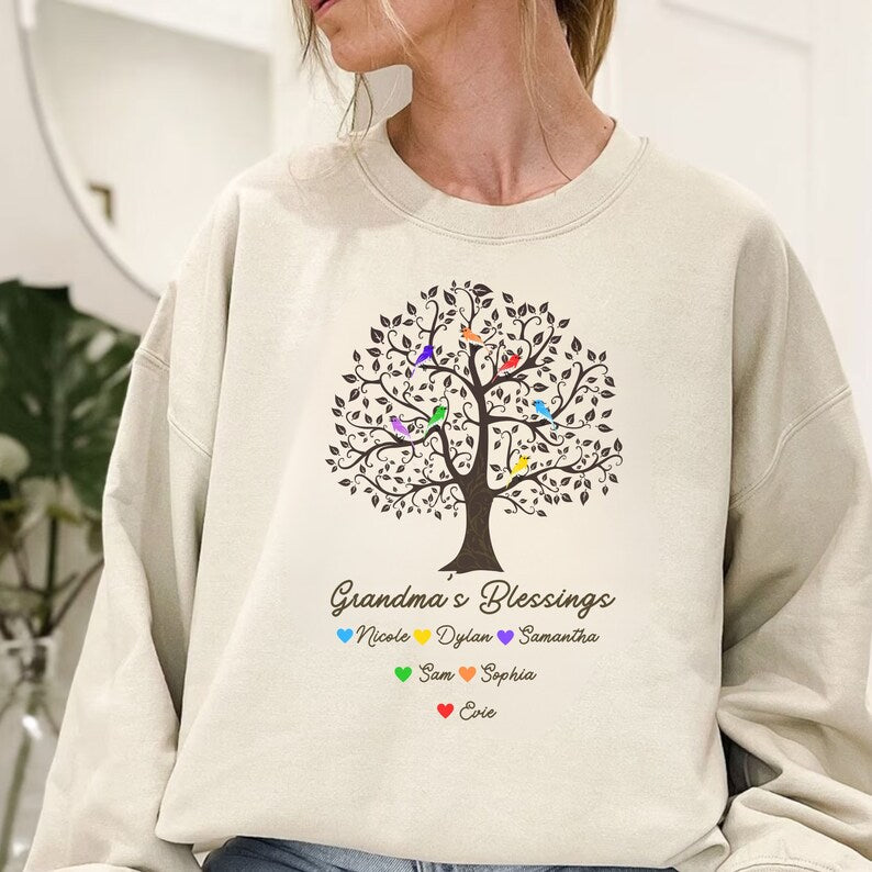 Custom Grandma Sweatshirt with Grandkids Names Personalized Grandma's Blessings Sweatshirt Bird