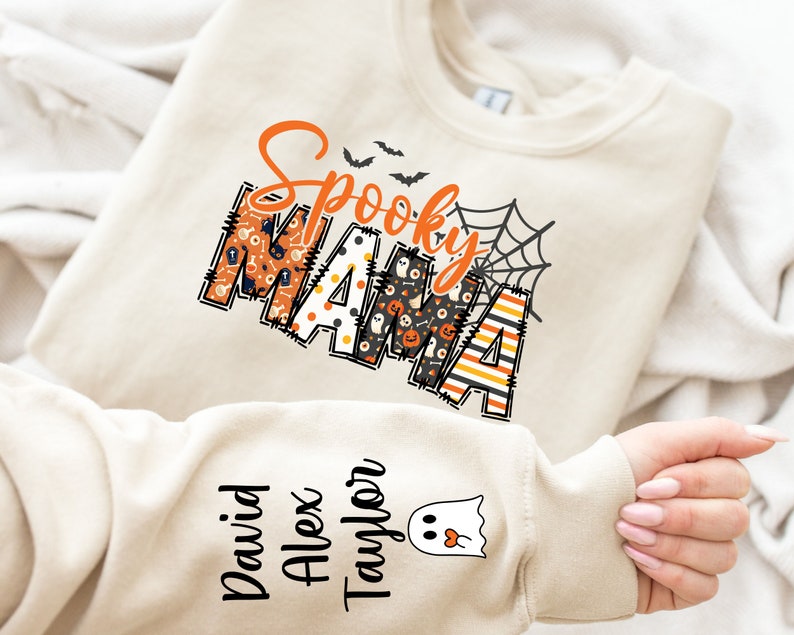 Custom Halloween Spooky Mama Sweatshirt with Kids Name on Sleeve Sweatshirt, Cool Mama Halloween Sweatshirt